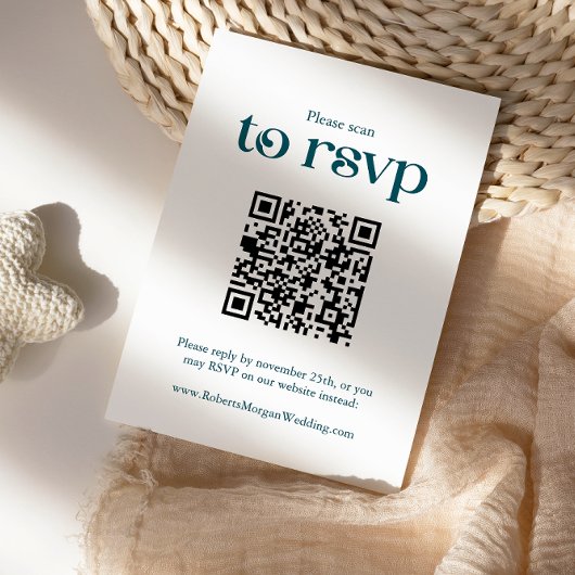 Moderne Diepe Blauwgroen QR Code Bruiloft RSVP Kaartje