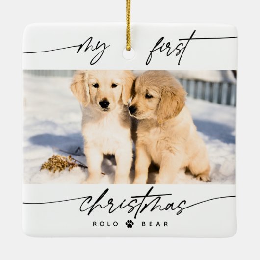 Moderne dierenliefhebber is onze eerste kerstfoto keramisch ornament (Achterkant)