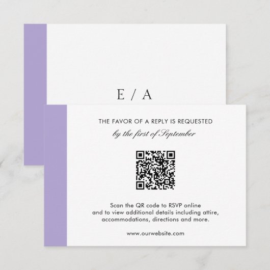 Moderne digitale lavender Paarse QR-code bruiloft RSVP Kaartje (Voorkant / Achterkant)