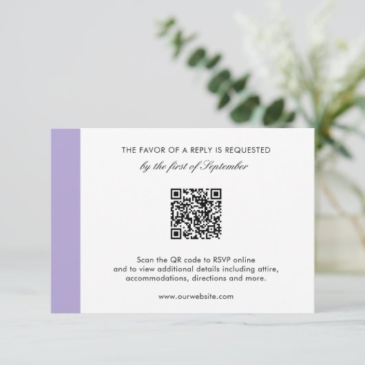 Moderne digitale lavender Paarse QR-code bruiloft RSVP Kaartje (Staand voorkant)