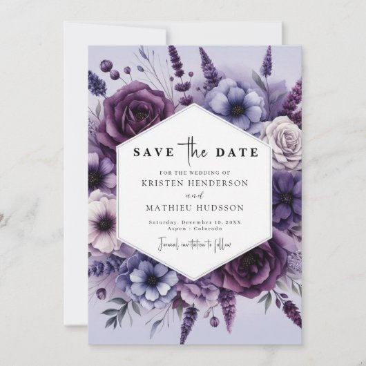 Moderne digitale Paarse bloemenbruiloft Save The Date (Voorkant)