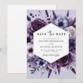 Moderne digitale Paarse bloemenbruiloft Save The Date (Voorkant / Achterkant)