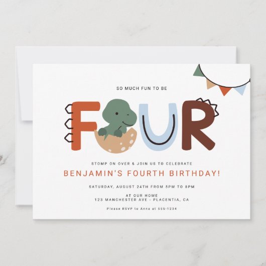 Moderne dinosaurus 4e verjaardagsfeestje  kaart (Voorkant)