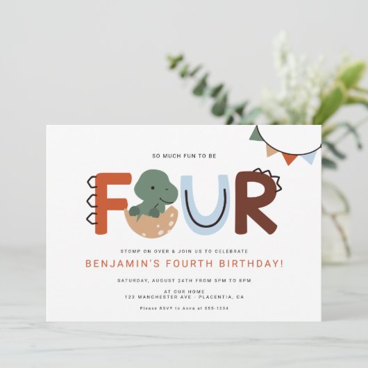 Moderne dinosaurus 4e verjaardagsfeestje kaart (Staand voorkant)