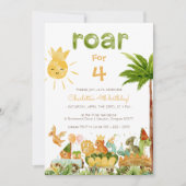 Moderne dinosaurus brult voor vier 4e verjaardagsf kaart (Voorkant)