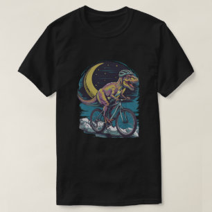 Moderne dinosaurus op een fiets in de lucht met ma t-shirt