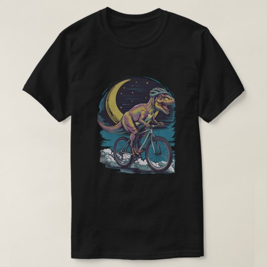 Moderne dinosaurus op een fiets in de lucht met ma t-shirt (Design voorkant)