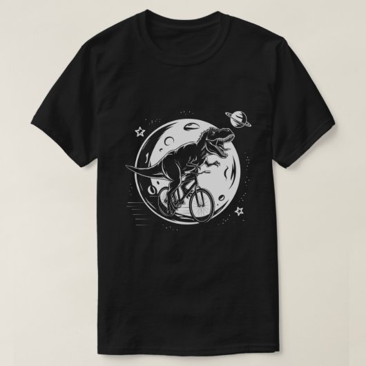 Moderne dinosaurus op een fiets in de lucht met ma t-shirt (Design voorkant)