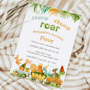 Moderne dinosaurus stomp chomp brullen 4e verjaard kaart