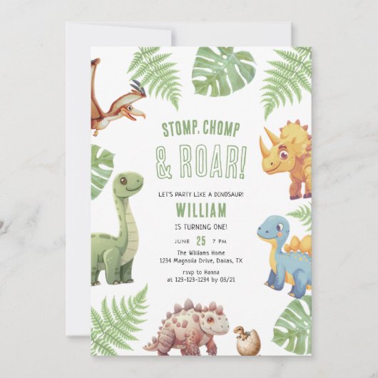 Moderne Dinosaurus Stomp Chomp & Roar Verjaardag Kaart (Voorkant)