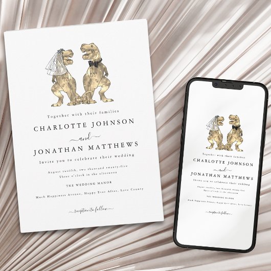 Moderne dinosaurus thema bruiloft kaart