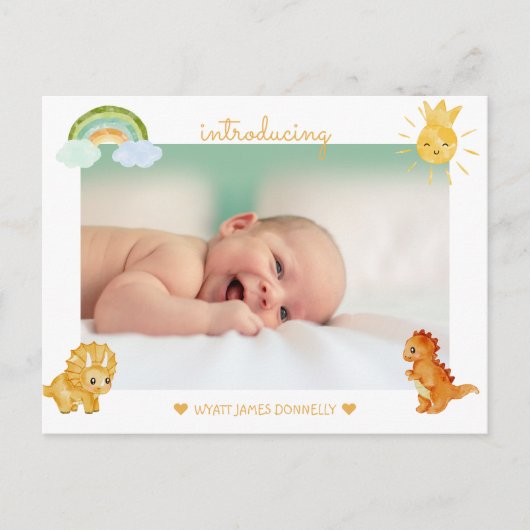 Moderne dinosaurus wit foto geboorte aankondiging (Voorkant)