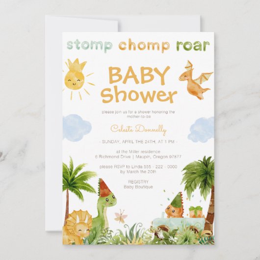 Moderne dinosaurus wit genderneutraal Baby shower Kaart (Voorkant)