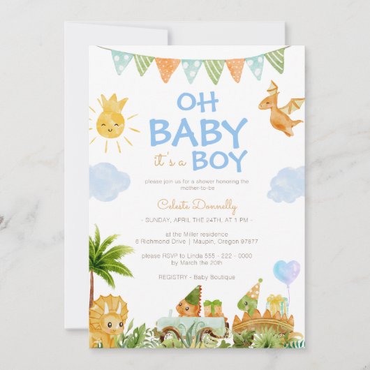 Moderne Dinosaurus Wit Oh Baby Jongen Douche Kaart (Voorkant)