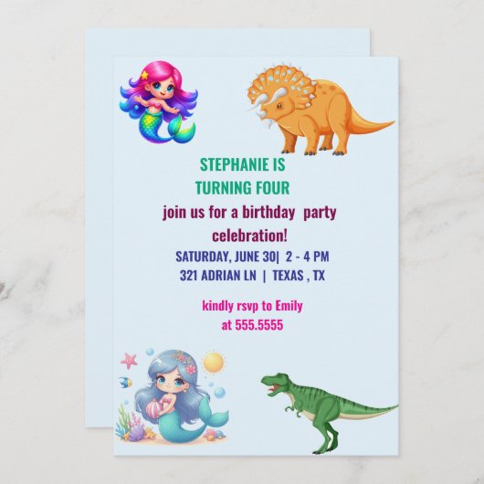 Moderne Dinosaurus zeemeermin Verjaardagsfeest Kaart (Voorkant / Achterkant)