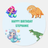 Moderne Dinosaurus zeemeermin Verjaardagsfeest Ronde Sticker (Voorkant)