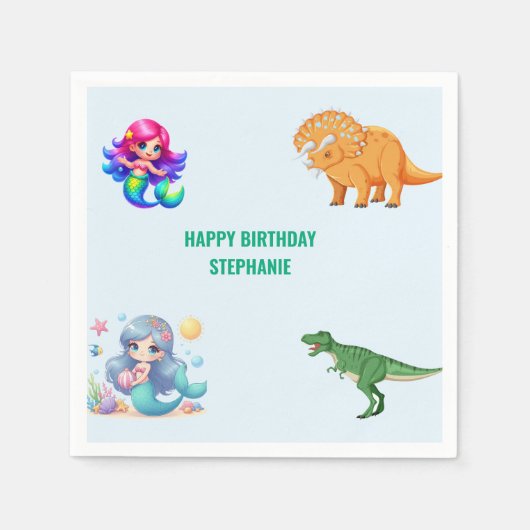 Moderne Dinosaurus zeemeermin Verjaardagsfeest Servet (Voorkant)