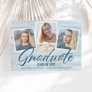 Moderne diploma-uitnodiging met 3 foto's en strand aankondiging
