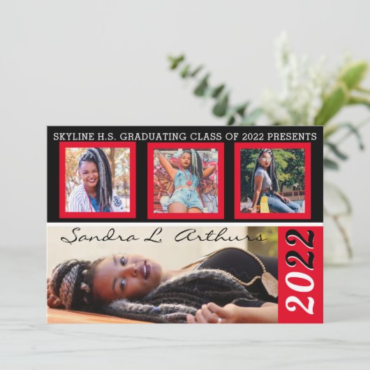 Moderne diploma-uitnodigingen met vier fotostroken aankondiging (Staand voorkant)