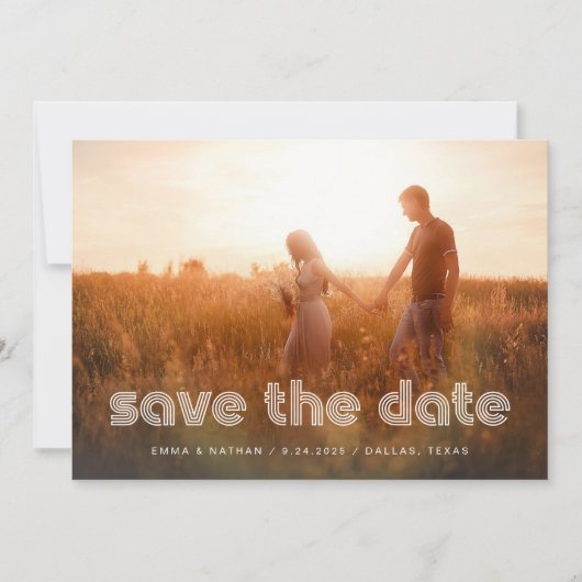 Moderne disco tekst | Twee foto- en QR-code Save The Date (Voorkant)
