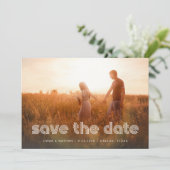 Moderne disco tekst | Twee foto- en QR-code Save The Date (Staand voorkant)