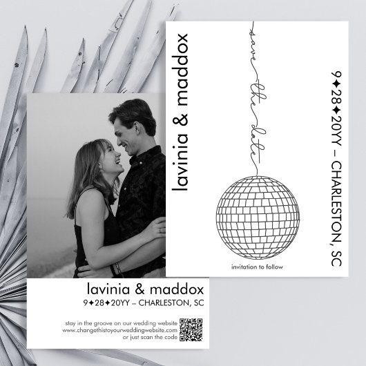 Moderne Disco Zwart-wit Foto QR Code Huwelijk Save The Date