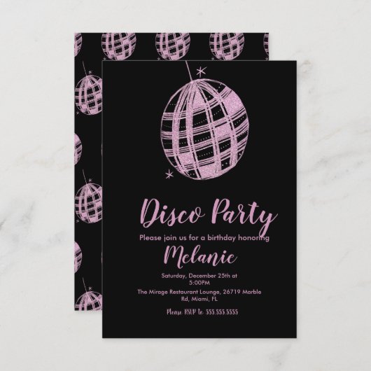 Moderne Discofeest Nep Glitter Roze Bal Kaart (Voorkant / Achterkant)