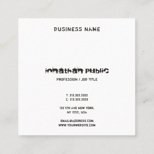 Moderne distressed tekst Zwart-wit B&W Elegant Vierkante Visitekaartje (Achterkant)