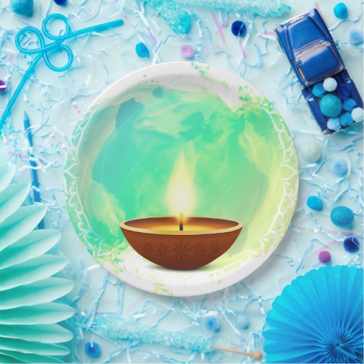 Moderne Diwali Diya Groene Waterverf Papieren Bordje (Feest)