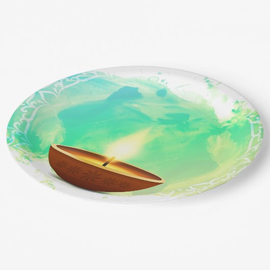 Moderne Diwali Diya Groene Waterverf Papieren Bordje (Gekanteld)