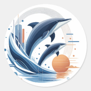 Moderne Dolfijnengolf – Futuristische Oceaan Kunst Ronde Sticker