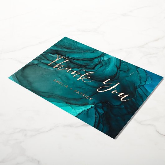 Moderne Donker Blauwgroen waterverf bruiloft dank  Folie Uitnodiging (Gedraaid)