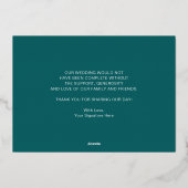 Moderne Donker Blauwgroen waterverf bruiloft dank  Folie Uitnodiging (Achterkant)
