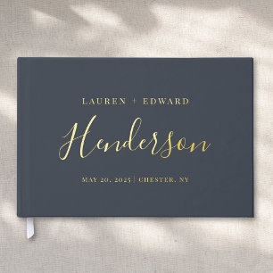 Moderne donker marineblauwe en gouden familienaam  gastenboek