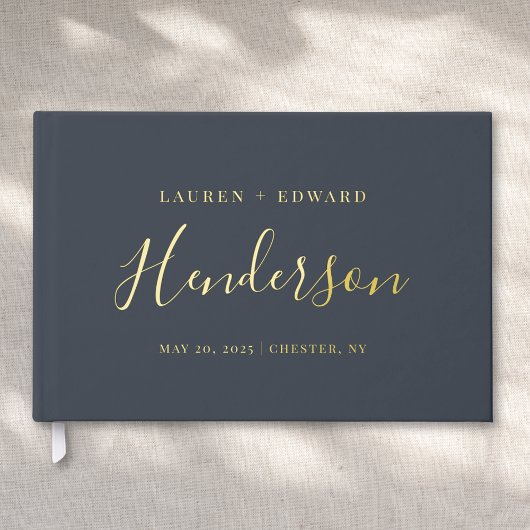 Moderne donker marineblauwe en gouden familienaam  gastenboek