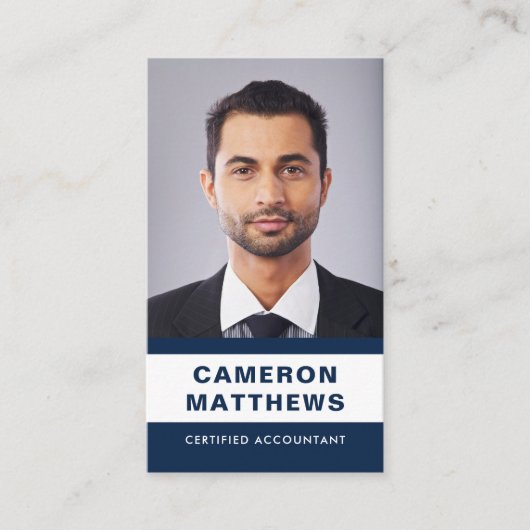 Moderne donkerblauw en wit voegen foto-QR-code toe Visitekaartje (Voorkant)