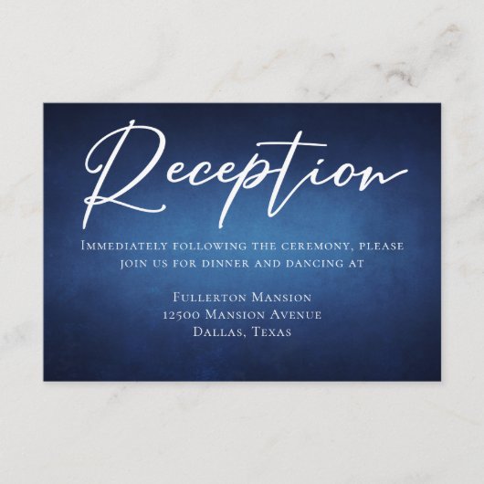 Moderne donkerblauwe avond bruiloft receptie informatiekaartje (Voorkant)
