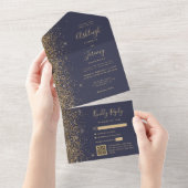 Moderne donkerblauwe gouden glitter QR-code bruilo All In One Uitnodiging (Afscheurbaar)