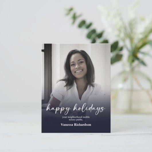 Moderne Donkerblauwe Gradient Foto Notaris Kerstmi Feestdagenkaart (Staand voorkant)