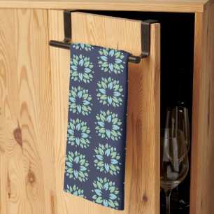 Moderne donkerblauwe groene bloempatroon theedoek
