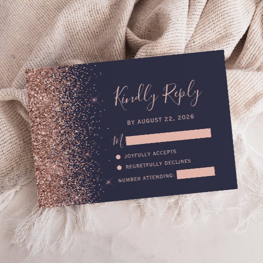 Moderne, donkerblauwe Roos Gold Glitter Edge RSVP- RSVP Kaartje