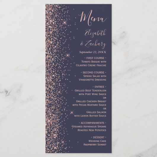 Moderne donkerblauwe Roos Gold Glitter Edge Wedden Menu (Voorkant)