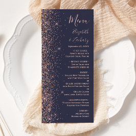 Moderne donkerblauwe Roos Gold Glitter Edge Wedden Menu