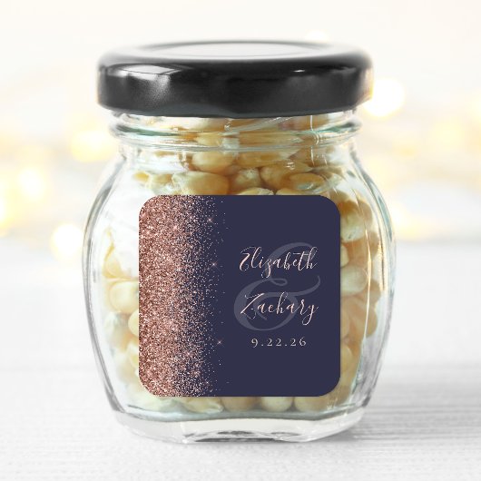Moderne donkerblauwe Roos Gold Glitter Edge Wedden Vierkante Sticker