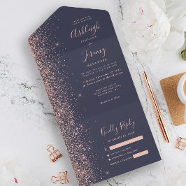 Moderne donkerblauwe Roos Gold Glitter Wedding All In One Uitnodiging