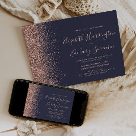 Moderne donkerblauwe Roos Gold Glitter Wedding Kaart