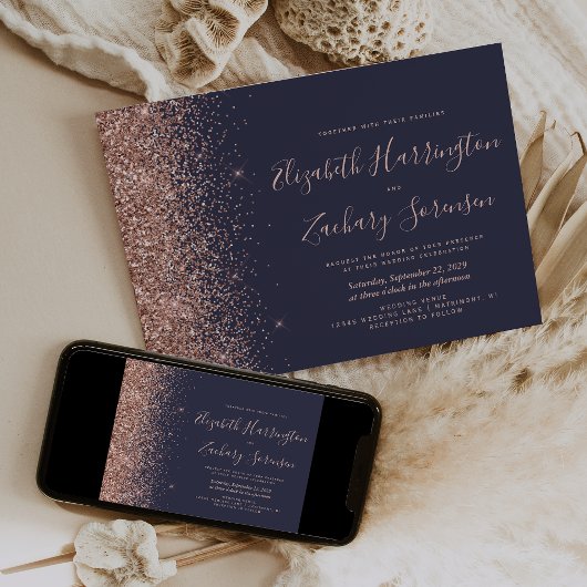 Moderne donkerblauwe Roos Gold Glitter Wedding Kaart