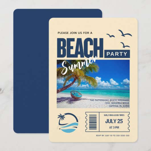 Moderne donkerblauwe strandfeest kaart (Voorkant / Achterkant)