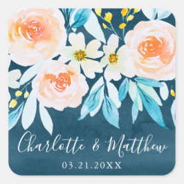 Moderne donkerblauwe Waterverf bloemenbruiloft Vierkante Sticker