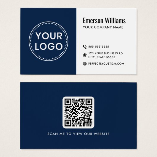 Moderne donkerblauwe witte logo QR-code visitekaar Visitekaartje (Voorkant /achterkant)